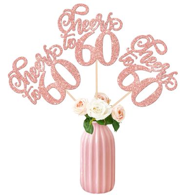 12PCs Cheers to 60 Double Sided Glitter Happy 60th Birthday Number 60 Flower Centerpiece for 60th Party Table Centerpiece Supplies Rose Gold