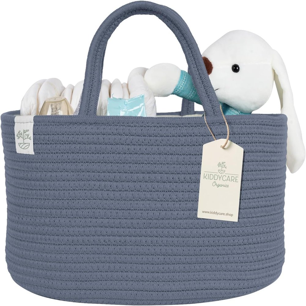 KiddyCare Diaper Caddy Organizer for Baby Nursery Basket with Handle Lid | Nursing bag with Changing Table Organizer Cart | Newborn Caddy | Blue PTRN X-Large