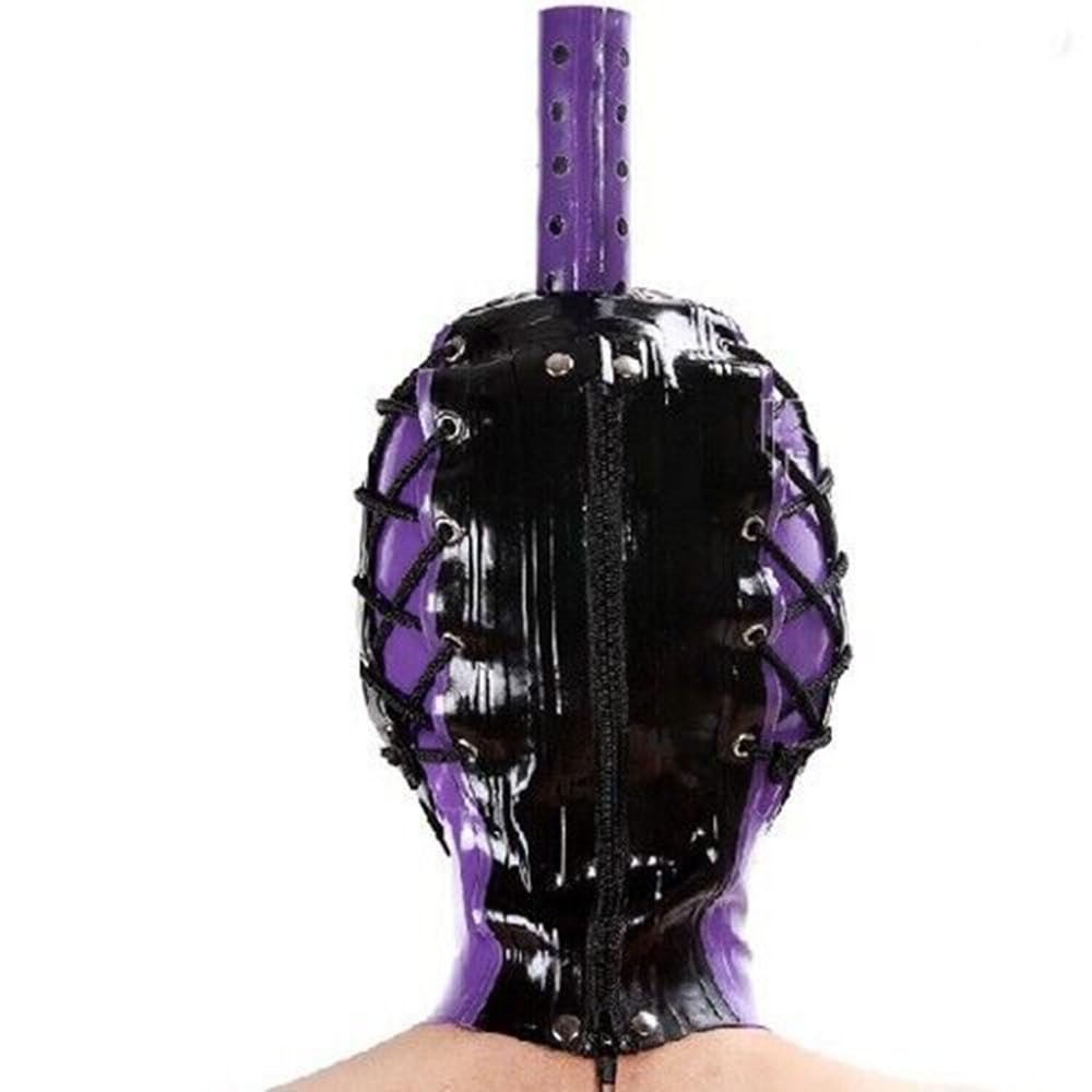 AiCc stylists Latex Hood Rubber Mask with Wearing a Ponytail Rope Tightening Mask Gathering Mask Stage Mask (XXL), XX-Large, Purple&black