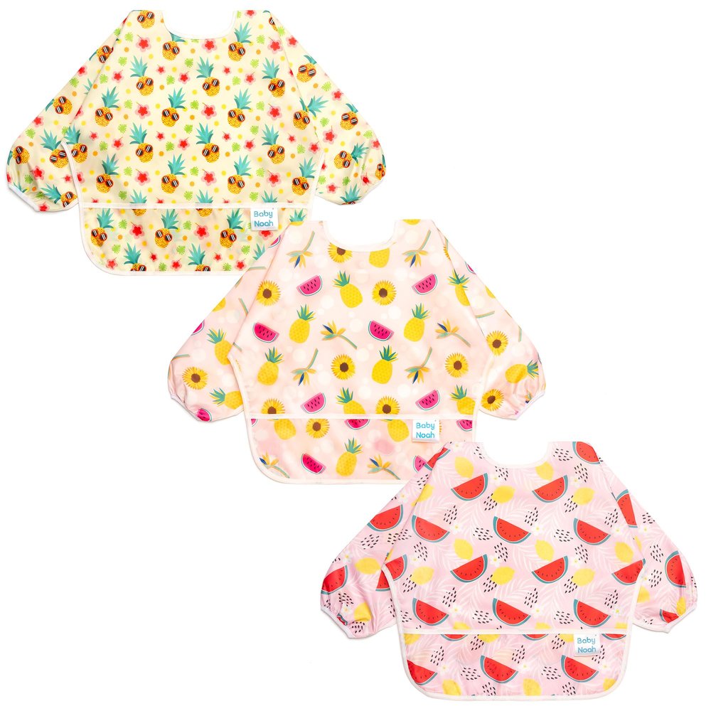 3 Pcs Long Sleeved Bib Set | Baby Waterproof Bibs with Pocket Bundle | Toddler Bib with Sleeves and Crumb Catcher | Stain and Odor Resistance Play Smock Apron - Pack of 3 | 6-12 Months