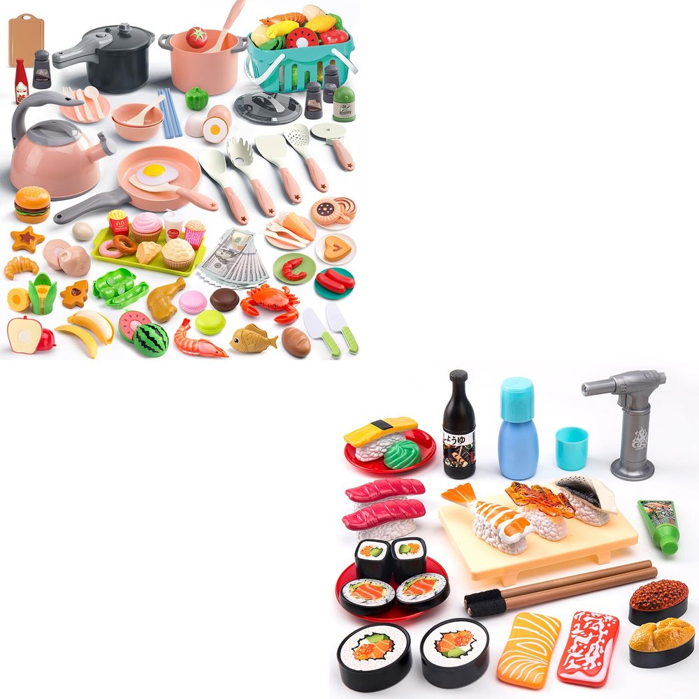 Funpynani Kitchen Playset and Sushi Play Food Set, Toddler Pretend Cooking Play Pots, Pans, Utensils Cookware, Color Changing Pretend Food Toys Accessories