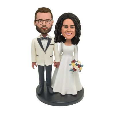 Custom Bobblehead Anniversary Gifts for Couples, Personalized Handmade Clay Figurine Crafted by Photo, 2 Person Fully Customizable Clay Figurine for Wedding Cake Topper Engagement Gift E