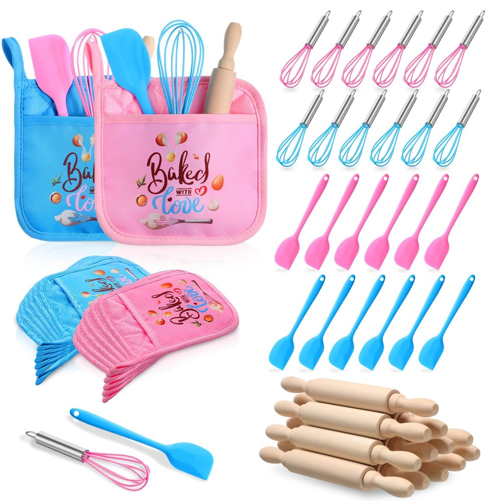 RoundFunny 48 Pcs Kids Mini Baking Supplies with Kitchen Utensil, Pot Holders, Spatula, Rolling Pin, Whisk for Kids Classroom School Exchange Party Favors (Medium)
