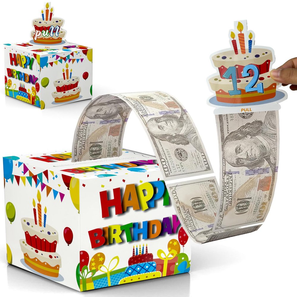 Birthday Cash Box Pull, Surprise Money Roll Gift Box with Pull Out Card and 30 Transparent Bags DIY Set, Funny Ways to Give Money as Gift for Parents, Lovers, Friends (White)