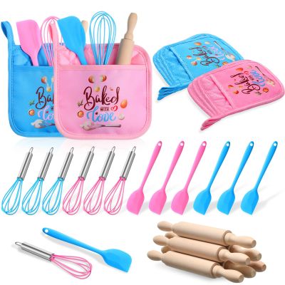 RoundFunny Valentines Day Gifts for Kids Valentines Day Baking Supplies with Kitchen Utensil, Pot Holders, Spatula, Rolling Pin, Whisk for Kids Classroom School Exchange Party Favor