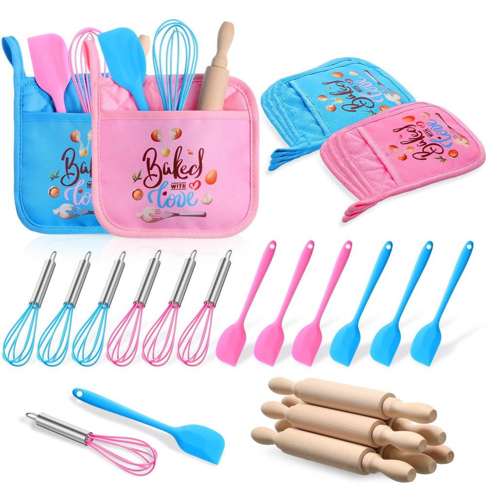 RoundFunny Valentines Day Gifts for Kids Valentines Day Baking Supplies with Kitchen Utensil, Pot Holders, Spatula, Rolling Pin, Whisk for Kids Classroom School Exchange Party Favor