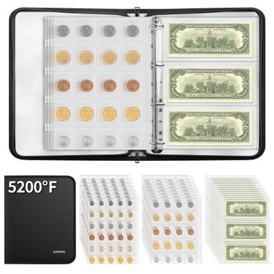 JUNDUN 5200 Coin Collection Book 300 Pockets Fireproof Coin Albums for Collectors & 36 Sleeves Paper Money Binder Holder with Aluminum Foil Lining for Coin, Currency,Bill,Quarter and Stamp