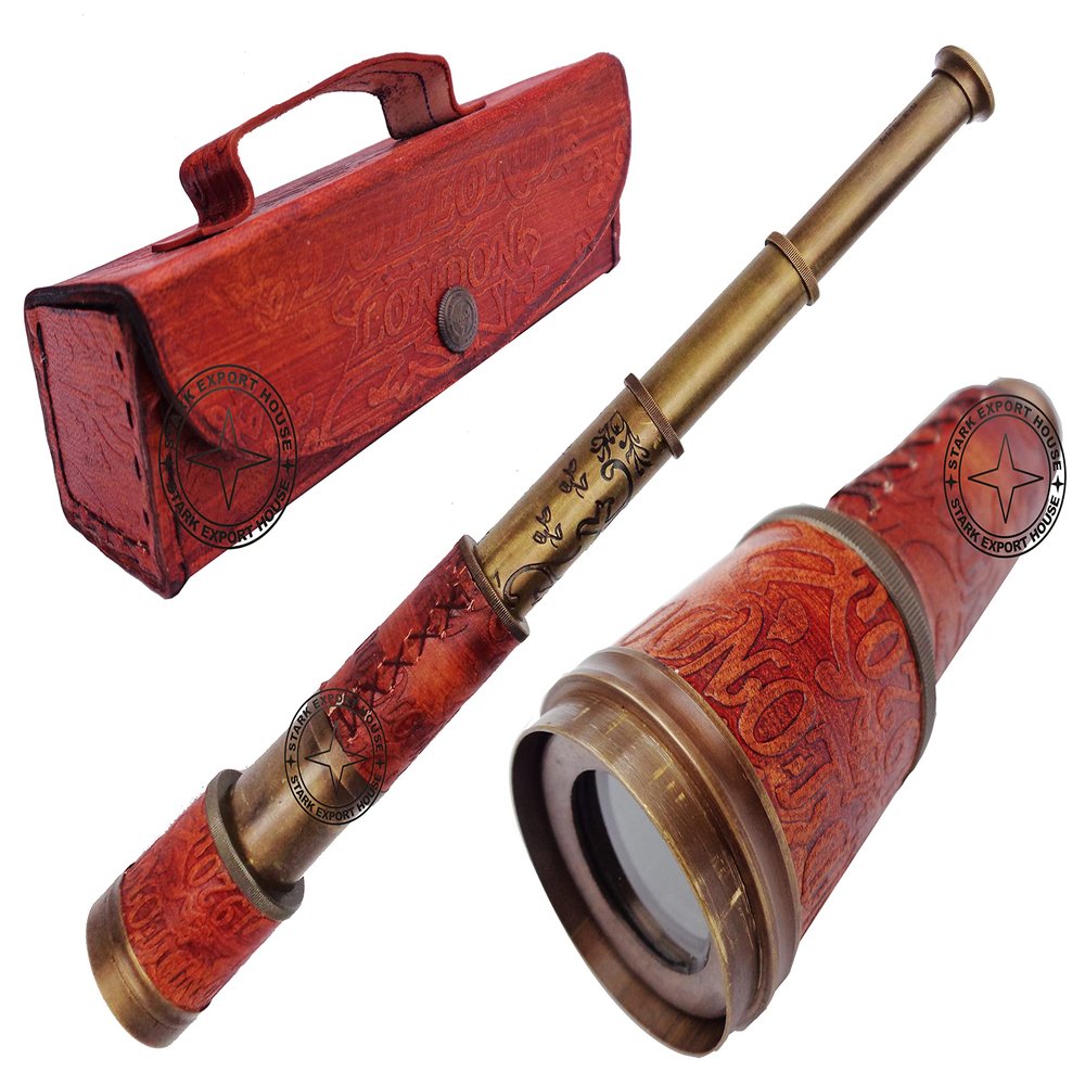 Antiqu Brass Designer Telescope Marine Handheld Spyglass Telescope Binoculars 17.5 Inch Vintage Style With Lather Box Best for Gift (JKHY)