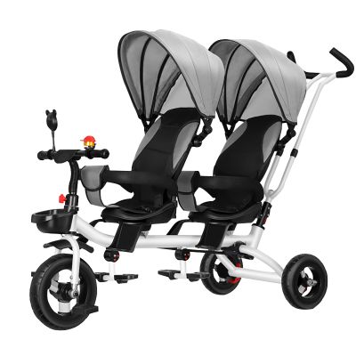 JIYIAN Baby Twin Kids Tricycle,360Swivel Seat,Adjustable Carport and Seat Backrest,Can Be Turned to Push The Guardrail Parasol Convertible Stroller,Gray