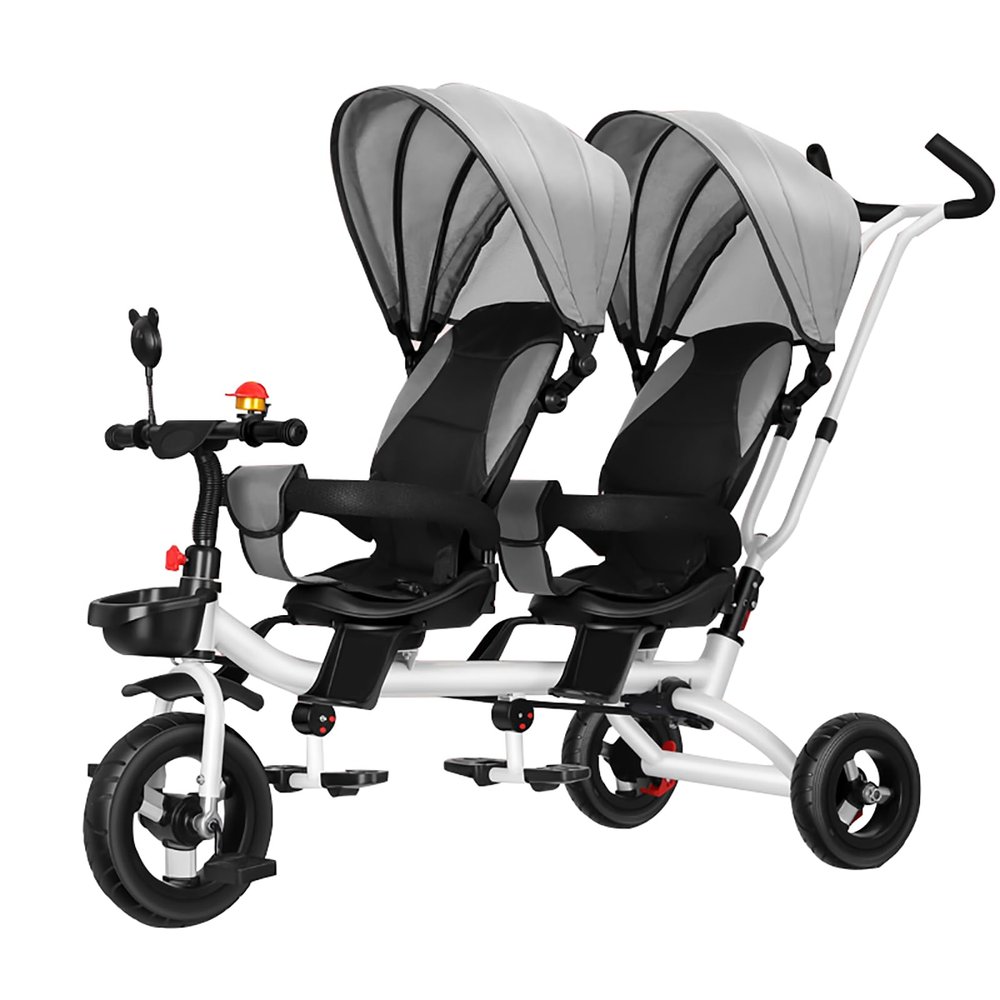 JIYIAN Baby Twin Kids Tricycle,360Swivel Seat,Adjustable Carport and Seat Backrest,Can Be Turned to Push The Guardrail Parasol Convertible Stroller,Gray