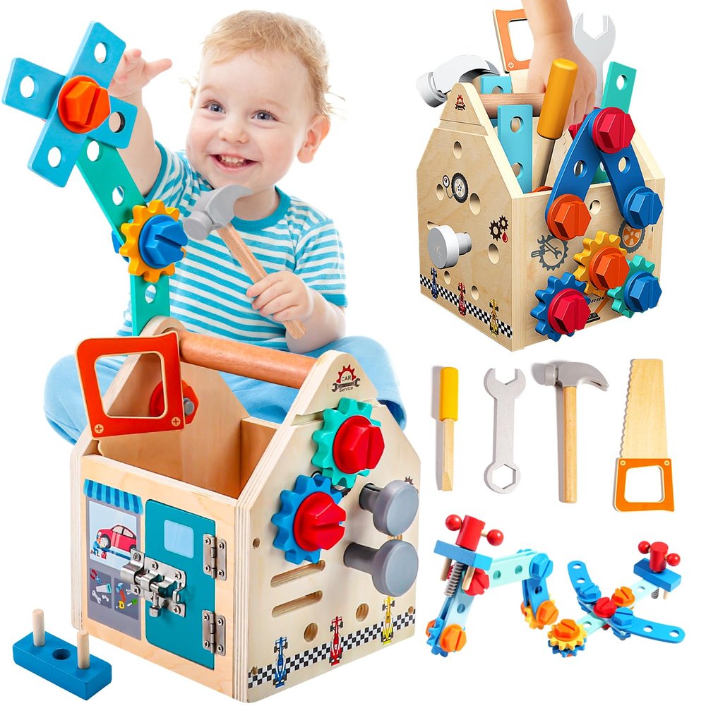 Montessori Toddler Tool Set - 33 PCS Wooden Kids Tools with Box / Bench, Montessori Educational Pretend Play Preschool Toys Gifts for 2 3 4 5 Year Old Boy Girl Kids, STEM Fine Motor Skills Tool Set