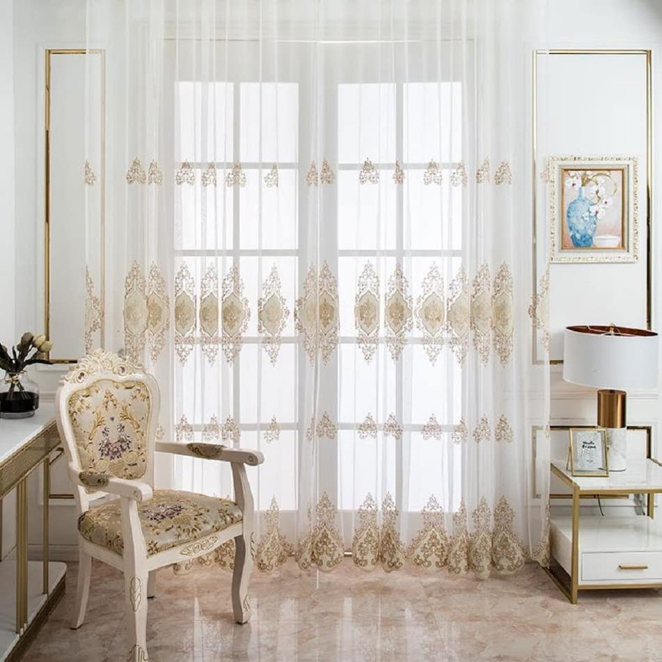 HooHero Brown 50 Wide Beautiful Kids Nursery Sheer Curtains Bedroom Home Decoration European Style Velvet Embroidery Curtians Voile Panel