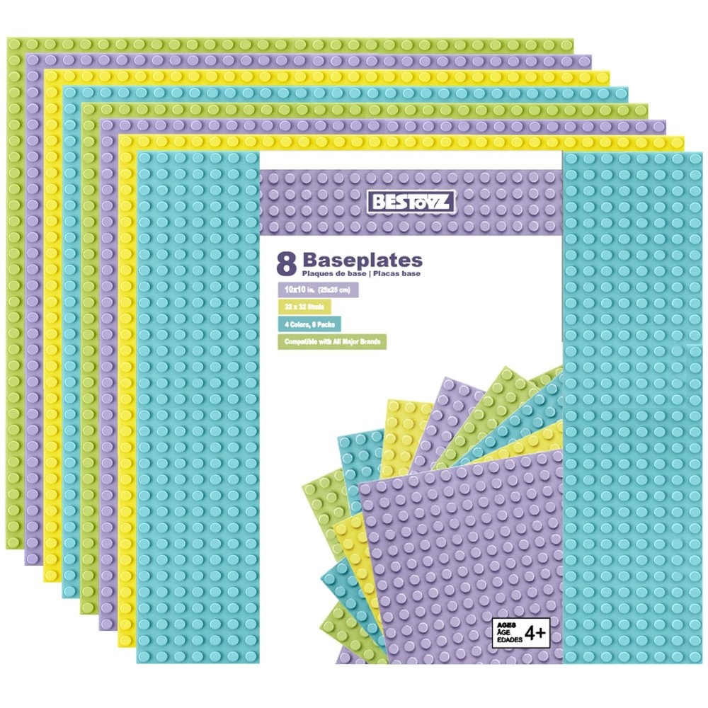 Bestoyz Building Bricks Baseplates 8 Pieces Set, 32x32 Stud in Pastel Color for Building Blocks Creations, 10x10 inches (25.5x25.5 cm)