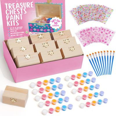 10 Sets Jewelry Box Painting Set for Kids with Stickers - Bulk Stockings & Birthday Goodie Bag Stuffer - Kids Party Favors Toy Return Gifts - Unfinished Wooden Treasure Boxes For Arts & Craft