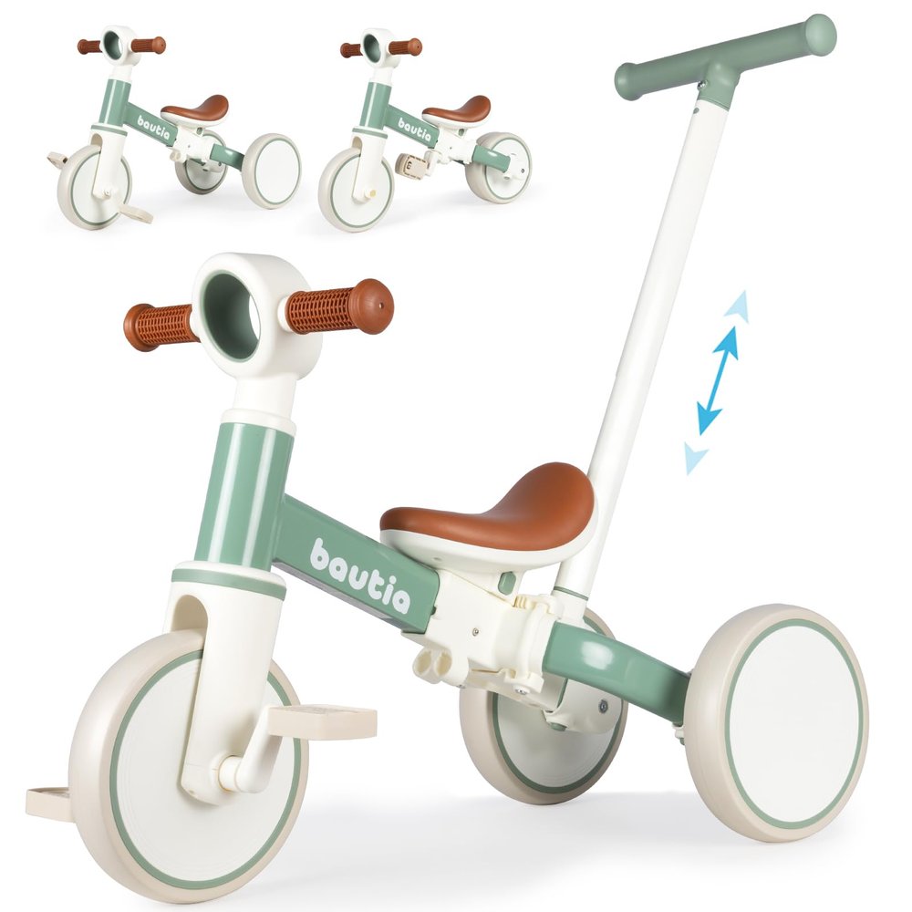 Bautia Kids Tricycle for Toddlers 1-3 with Push Handle, 5 in 1 Baby Balance Bike Toy for 1-4 Years Old Boys Girls Gift with Removable Pedals, Mint (No Parent Steering Version)