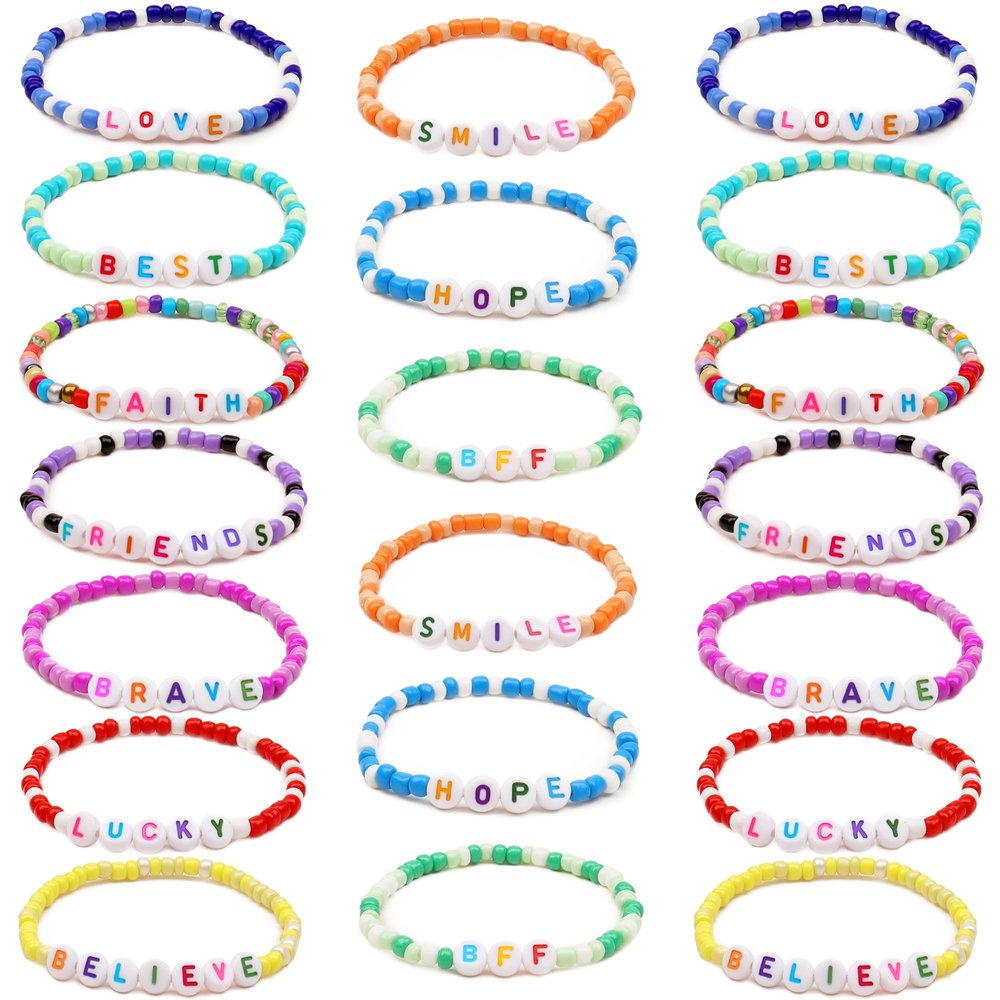Asivsa 20 Pcs Friendship Bracelets for Teen Girls Preppy Letter Beaded Bracelets Bulk Colorful Stretch Kids Bracelet for Girls Women Set Jewelry