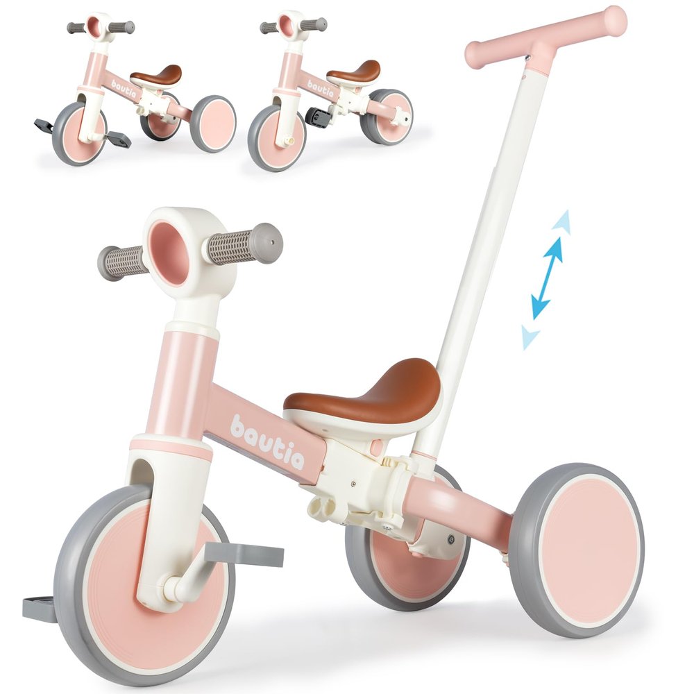 Bautia Kids Tricycle for Toddlers 1-3 with Push Handle, 5 in 1 Baby Balance Bike Toy for 1-4 Years Old Boys Girls Gift with Removable Pedals (No Parent Steering Version)