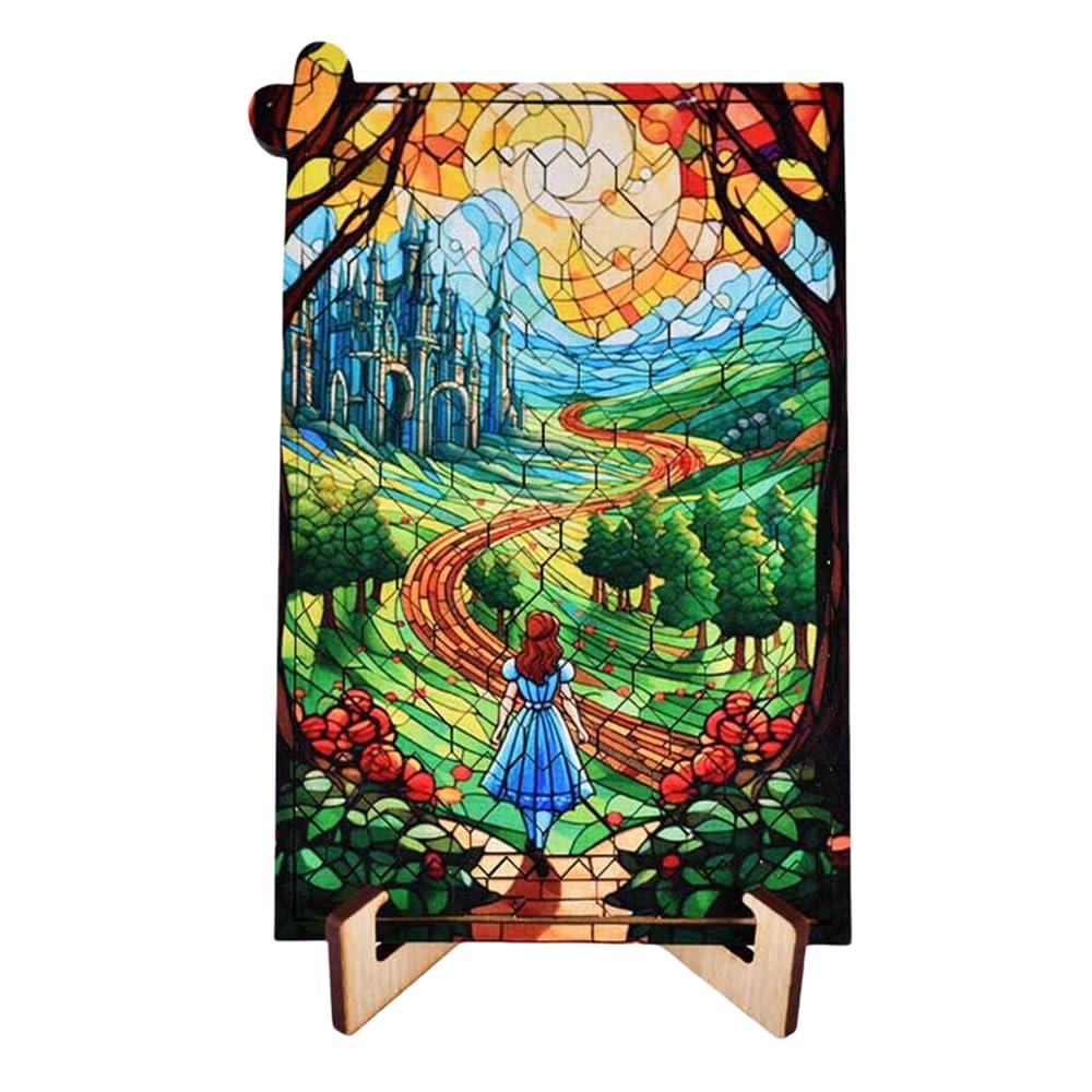 Wooden Stained Glass Art Puzzle - Fantasy Castle and Princess Design - Decorative Puzzle with Stand - Vibrant Colors and Detailed Craftsmanship