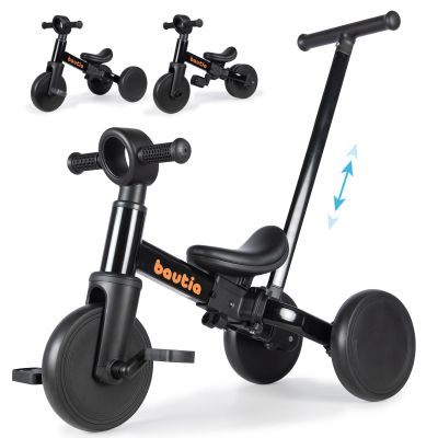 Bautia Tricycle for Toddlers 1-3 with Push Handle, 5 in 1 Baby Balance Bike for 1-4 Years Old Kids Toy, Boys Girls Bicycle Gift with Removable Pedals, Black (No Parent Steering Version)