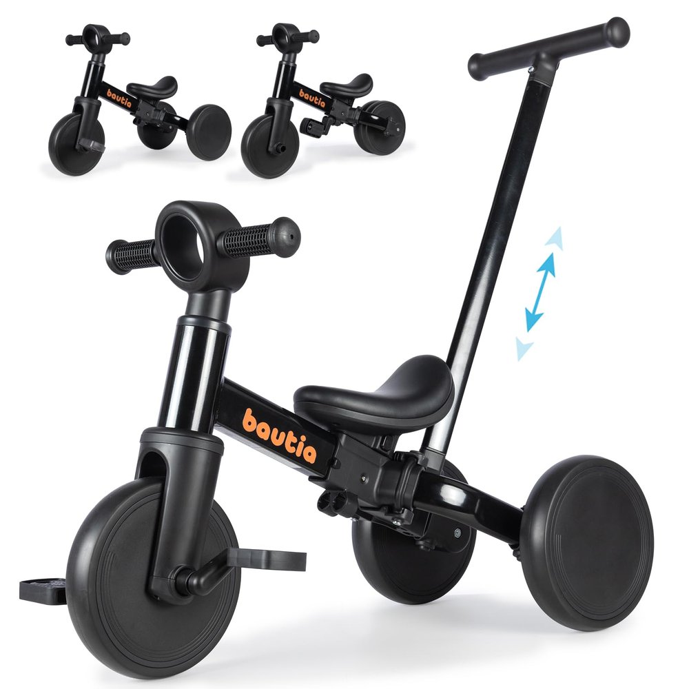 Bautia Tricycle for Toddlers 1-3 with Push Handle, 5 in 1 Baby Balance Bike for 1-4 Years Old Kids Toy, Boys Girls Bicycle Gift with Removable Pedals, Black (No Parent Steering Version)