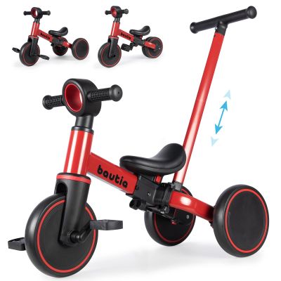 Bautia Kids Tricycle for Toddlers 1-3 with Push Handle, 5 in 1 Baby Balance Bike Toy for 1-4 Years Old Boys Girls Gift with Removable Pedals, Red (No Parent Steering Version)