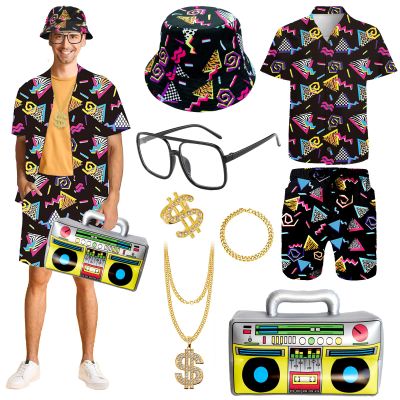 8 Pcs 80s 90s Outfit for Men 80s Tracksuits Shirts and Shorts Set Hip Hop Fancy Dress for Hawaiian Disco Rocker Party (Black, M)