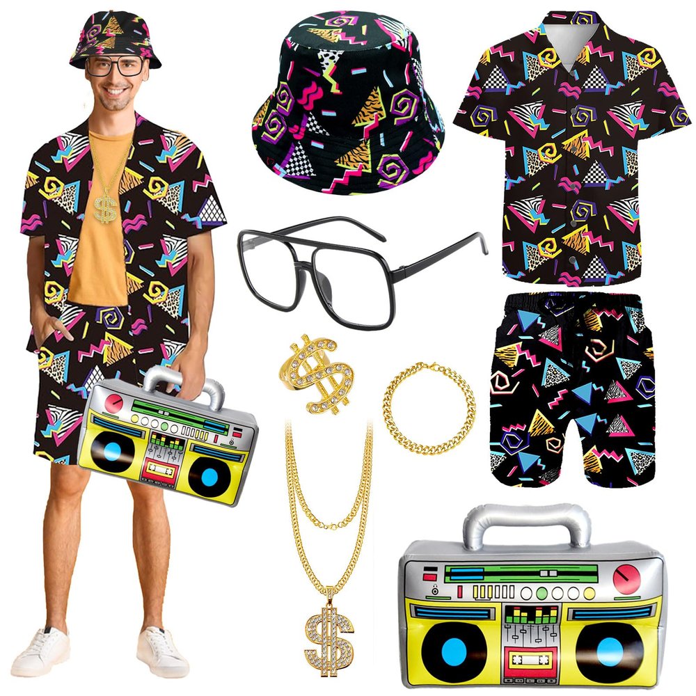 8 Pcs 80s 90s Outfit for Men 80s Tracksuits Shirts and Shorts Set Hip Hop Fancy Dress for Hawaiian Disco Rocker Party (Black, M)