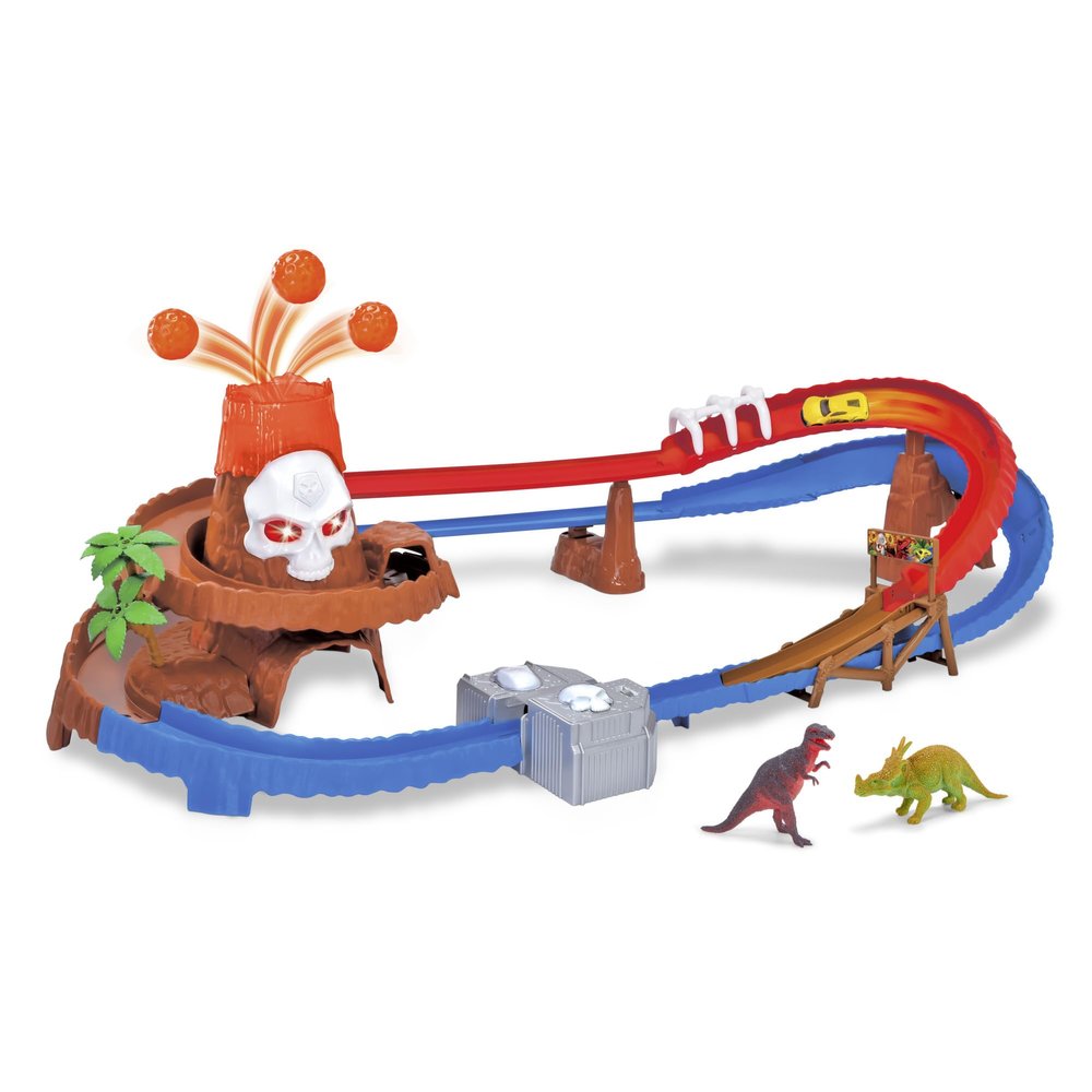 Dickie Toys - Skull Volcano Track (100 cm) with volcanic eruption, Car and Dinosaur Accessories - Highway Toy for Children from 3 Years, with Light and Sound, Batteries