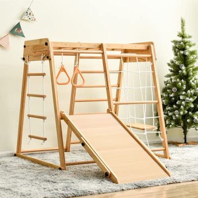 Jungle Gym,Toddler Climbing Toys with Slide and Play Table Toddlers Wooden Climber 8-in-1 Slide Playset,Wooden Indoor Kids Playground, with Rope Wall, Swing Rings, Monkey Bars and Swing