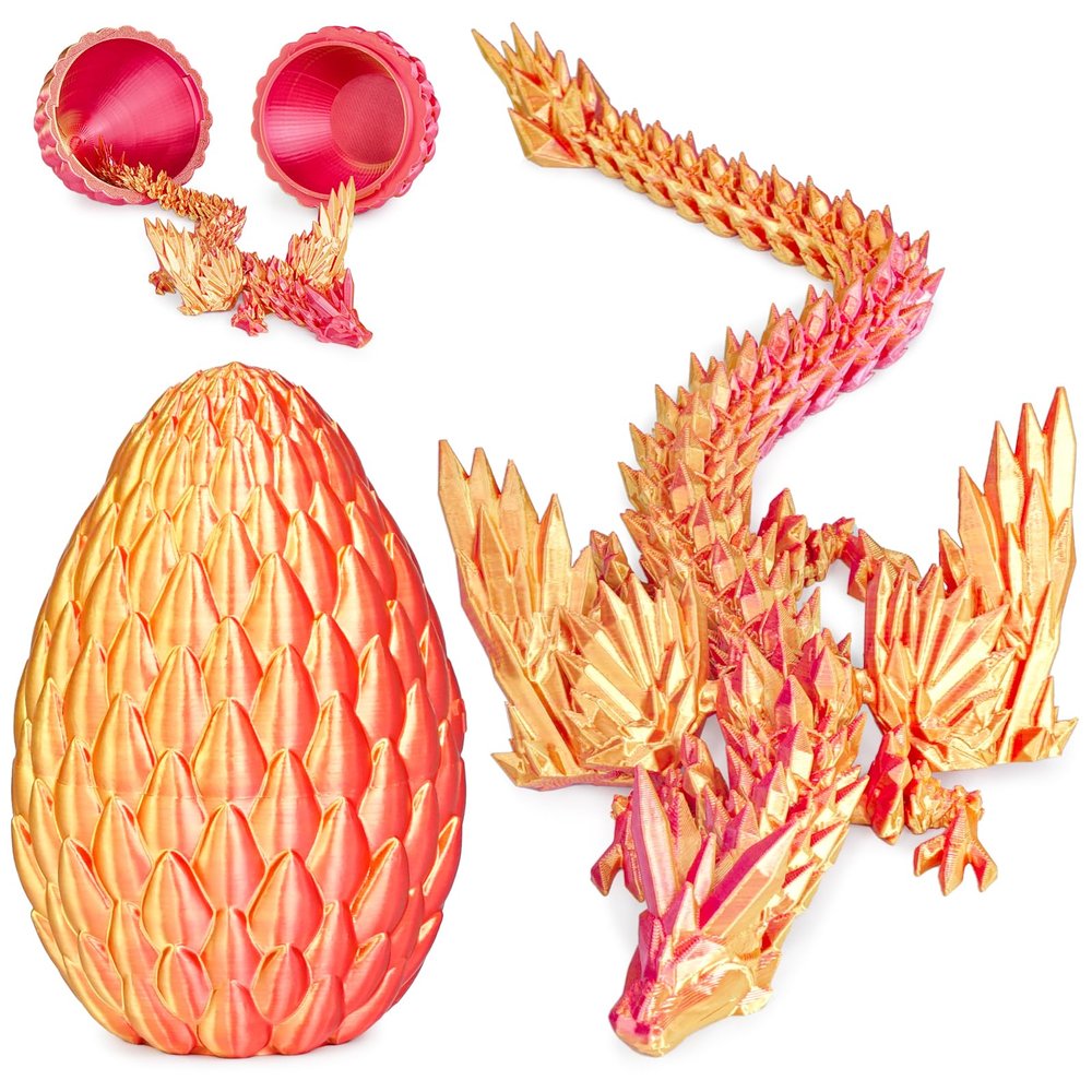 3D Printed Dragon Eggs with Articulated Fly Dragon Inside, Collectible Figurines Fidget Toy for Adults Kids Birthday Easter Christmas White Elephant Gifts for Friends Colleagues(Red Gold, M size)
