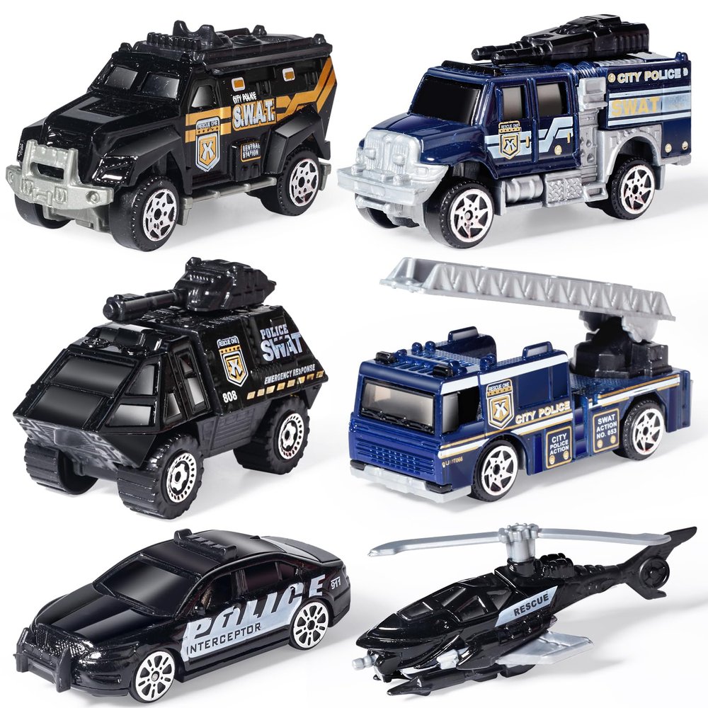 Oriate 6 Pack 1/64 Die-cast SWAT Police Cake Topper Kids Cars Boy Toys Set, Mini Cop Toy Car, Helicopter, Rescue Truck, Military Vehicles Toys, Birthday Gift for 3-5 Year Old Boys Girls