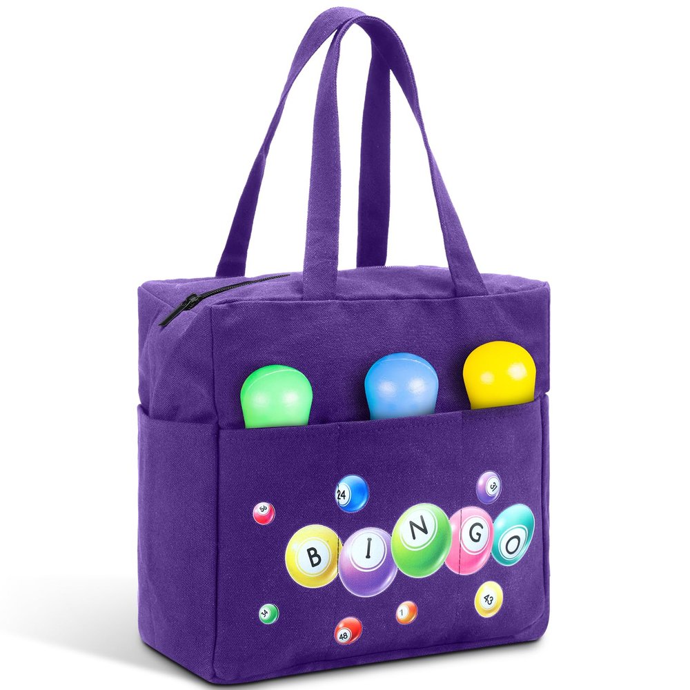 Windyun Bingo Bags Large with 10 Pockets for Daubers Dabbers Dobbers Dotters Zipper Tote Bag Bingo Game Stuff Accessories Supplies Gift for Women Adults Seniors Christmas 9.8x9.8x6.3 Inches(Purple)