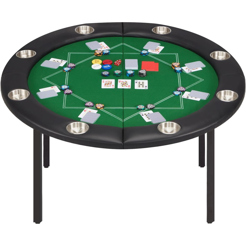 ECOTOUGE 8 Players Poker Table Foldable, Round Casino Texas Holdem Table with Stainless Steel Cup Holders & Faux Leather Padded Rails, Folding Gaming Table for Card Games, Green