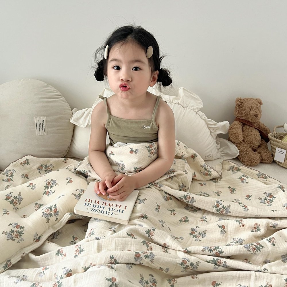 BuLuTu Cotton Muslin Toddler Blanket for Kids Girls Boys, Soft Lightweight Baby Quilts 2 Layers Large Muslin Crib Blanket Floral Toddler Quilted Blankets, All Seasons, 47"x51"