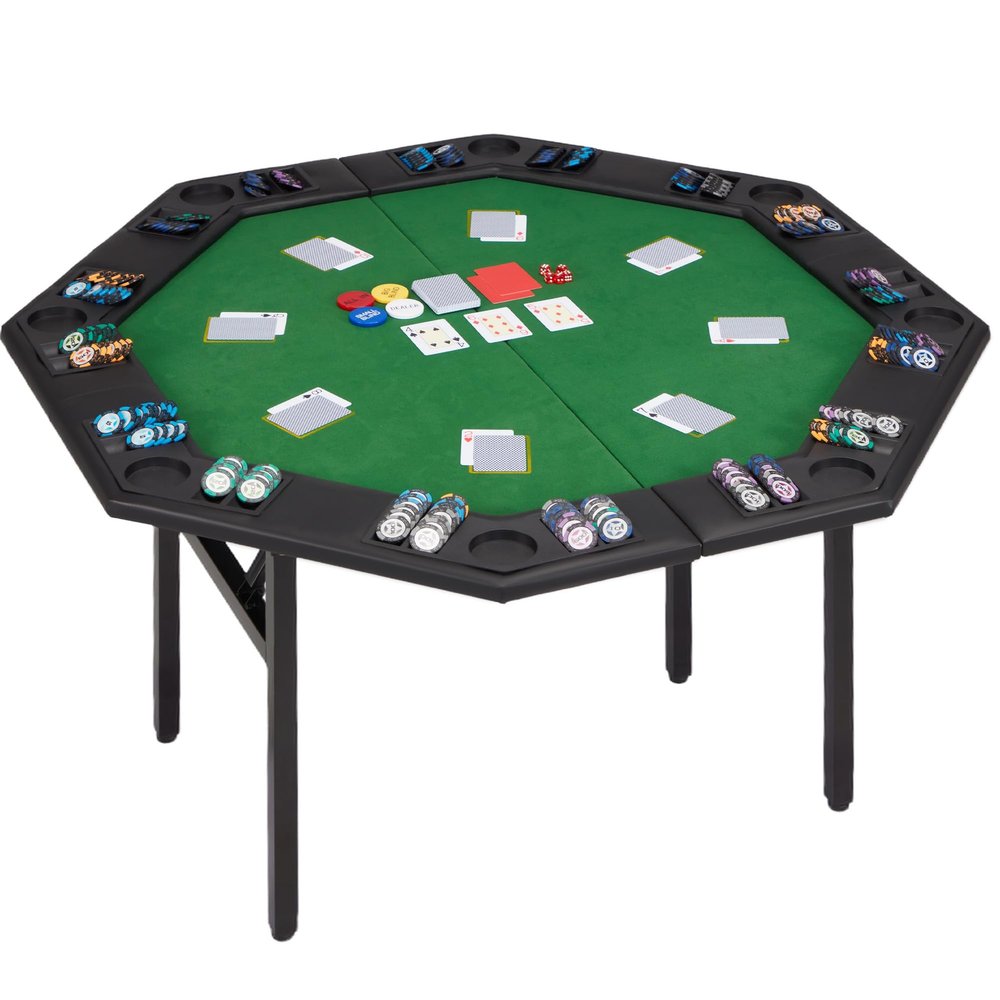 ECOTOUGE Foldable Poker Table, 8 Players Octagon Texas Holdem Poker Table with Chip Trays & Collapsible Legs, Folding Game Table for Casino Leisure Game, Blackjack, Easy Assembly, Green