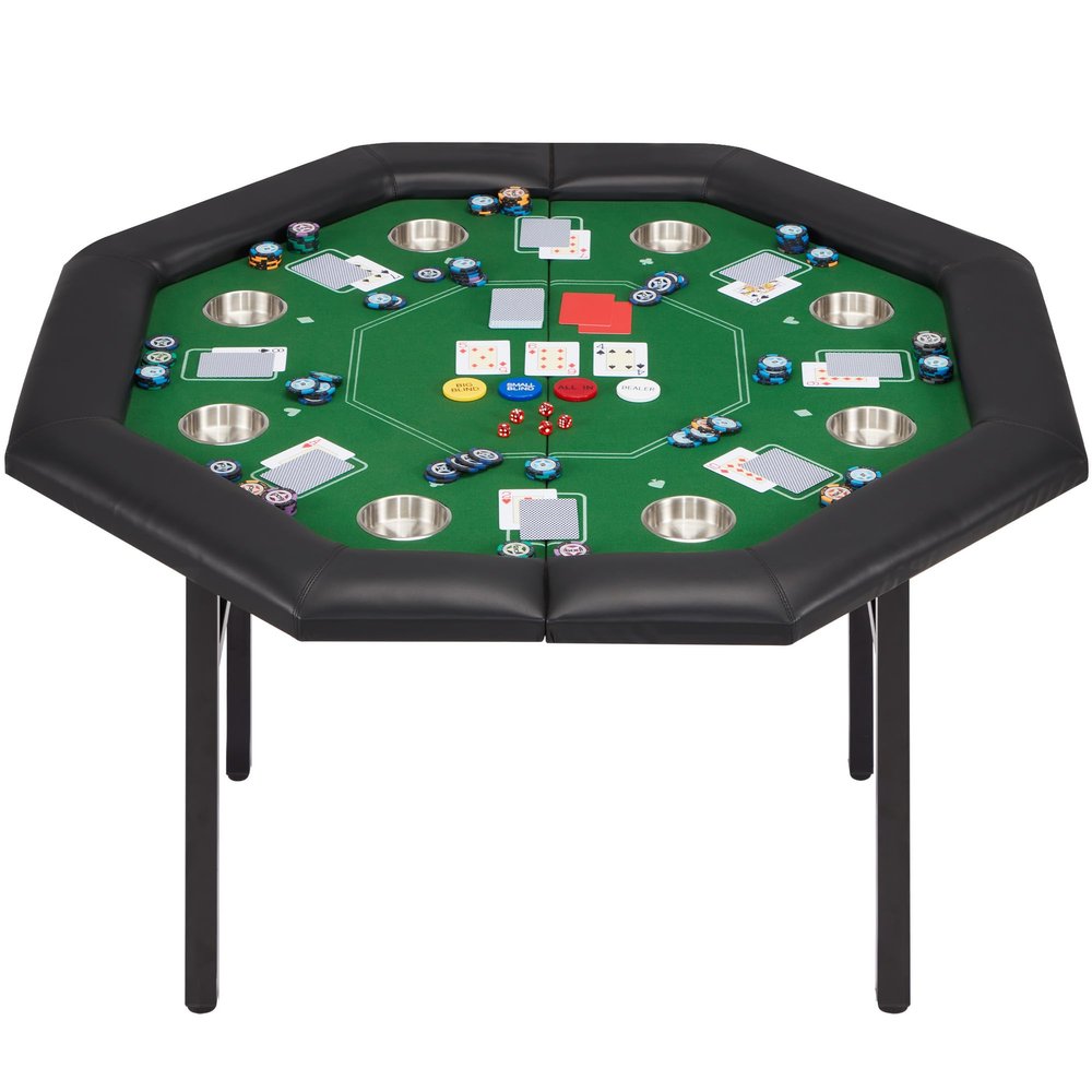ECOTOUGE 8-Player Poker Table Foldable, Casino Leisure Gaming Table with Padded Rails & Stainless Steel Cup Holders, Folding Octagon Texas Holdem Poker Table for Blackjack, Easy Assembly