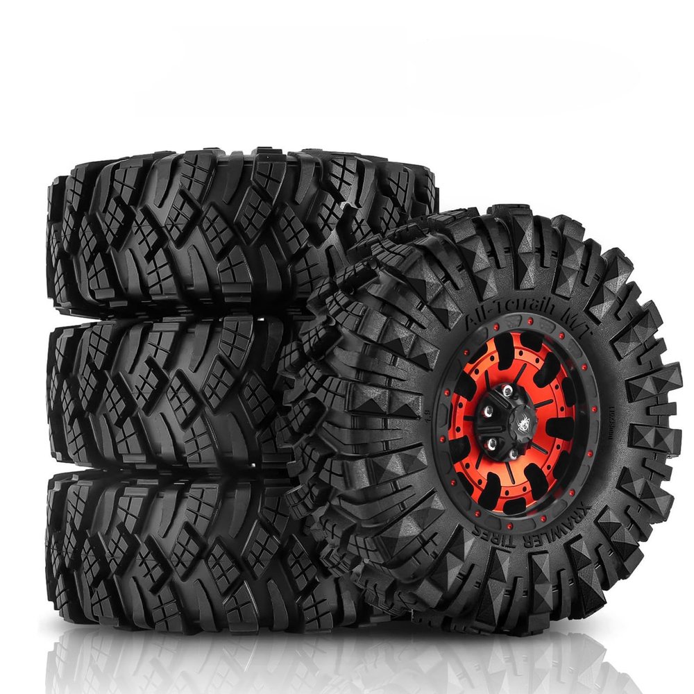 1.9 Beadlock Wheels Tires Set4Pcs Mud Specific tire Metal Wheels1.9 Tires Suitable for All terrainsfor 1/10 RC Crawler Car Axial SCX10 Pro Capra UTB18 TRX4 (Red)