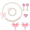 Klorify Handmade Pearl Kids Jewelry Set for Little Girls Toddler - Unique Clip On Earrings and Stretch Necklace Bracelets - Adjustable Heart Rings - Pink Bow Hair Clips - Cute Dress Up Birthday Gifts view 1