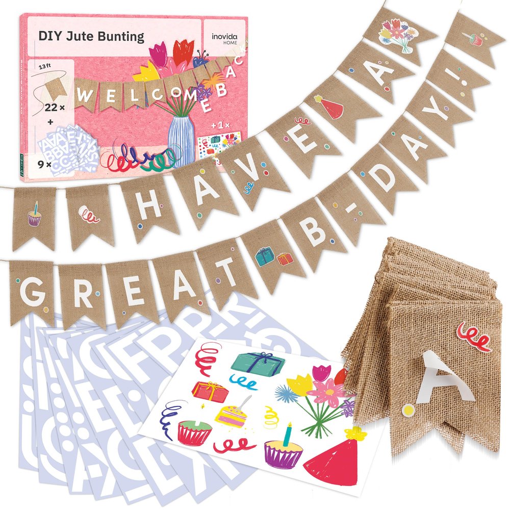 76 Letters DIY Pennant Banner 13 ft Reusable Jute Garland with Stick-On Letters Customizable Fabric Bunting for Messages Like Happy Birthday, Welcome Home, Just Married by Inovida