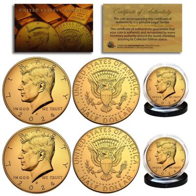 2024 Gold Plated JFK Kennedy Half Dollar U.S. 2-Coin Set - Both P & D Mint - with Capsules and COA