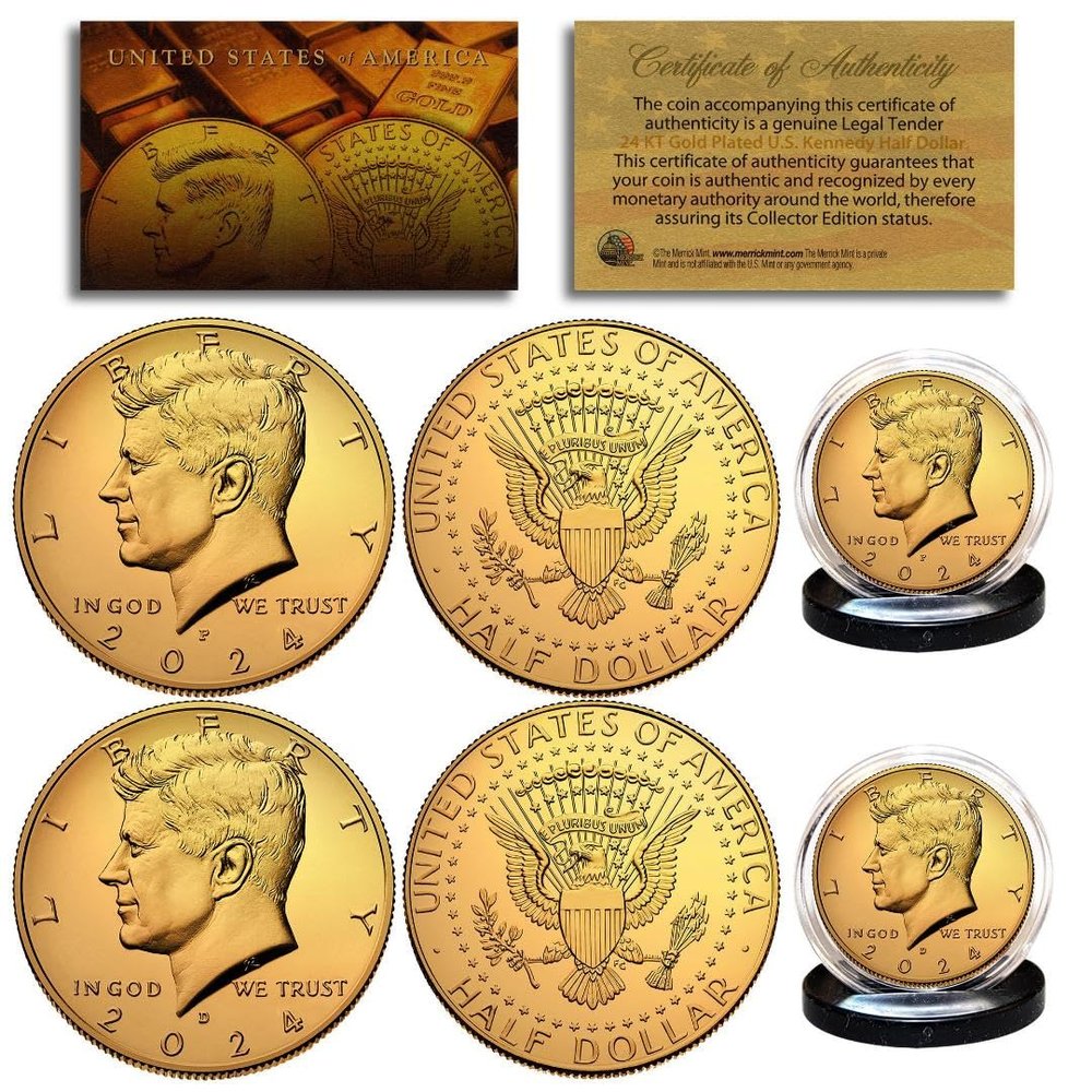 2024 Gold Plated JFK Kennedy Half Dollar U.S. 2-Coin Set - Both P & D Mint - with Capsules and COA