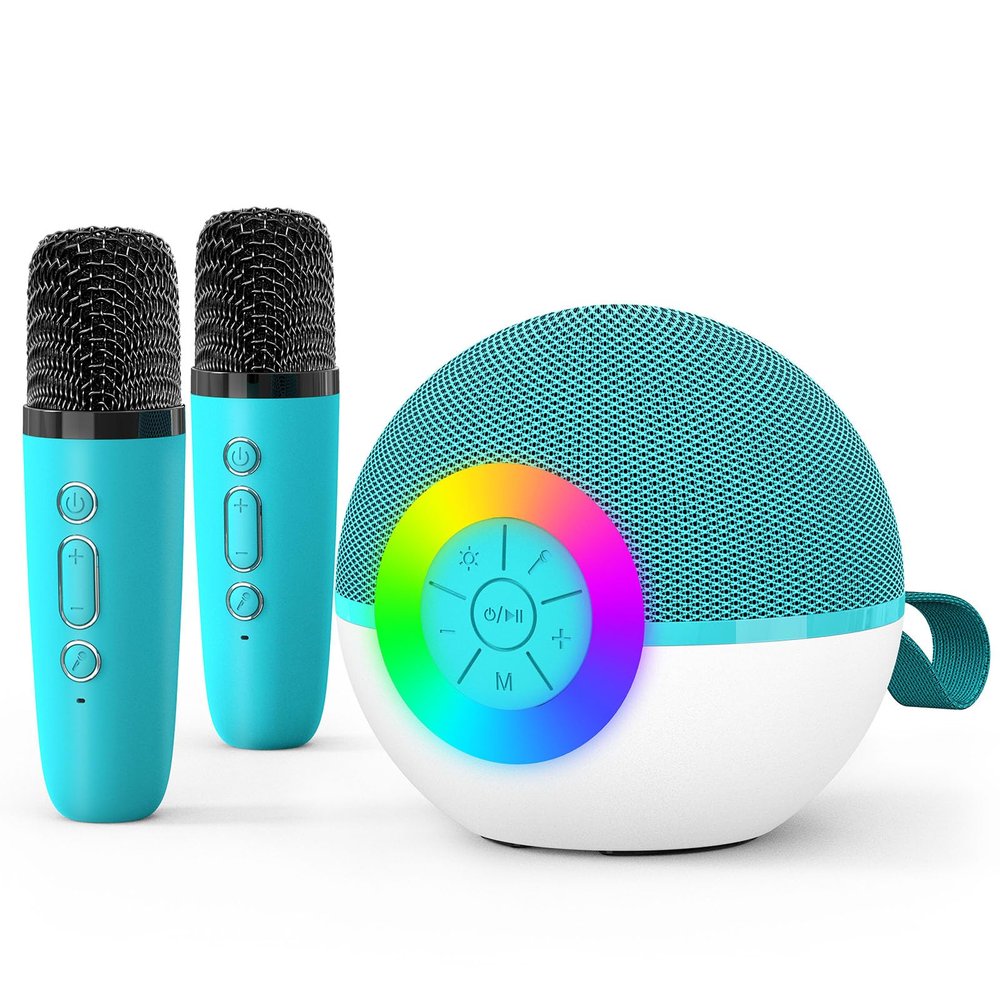 goopow Mini Karaoke Machine Speaker for Kids Adults, Portable Bluetooth Microphone Song Toys with LED Light, Best Chritmas Birthday Festival Gift for 3 4 5 6 7 8+ Year Old Girls Boys (Green-2MIC)