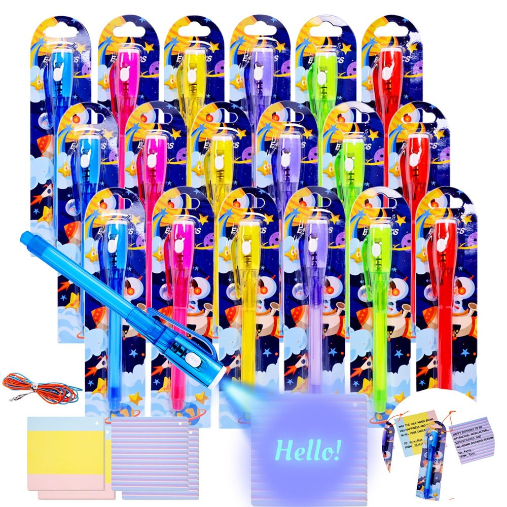 Invisible Ink Pens Gifts Cards. 24 Pack Spy Pen invisible pens with uv light for kids, Magic Pen for Secret Message, Birthday Party,Christmas, and Halloween Goodies Bags Toy(24PCS+Gifts Cards)