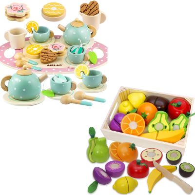 Wooden Play Food Fruits Toy and Wooden Tea Set, Pretend Play Kitchen Accessories