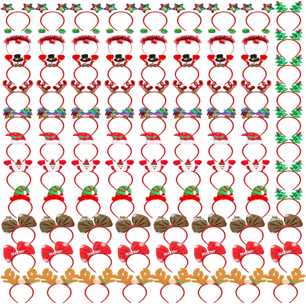 96 Pcs Christmas Headbands, Christmas Costume Headband, Santa Christmas Tree Snowman Colorful Stars Reindeer Antler Headwears for Christmas Hair Accessories, Photos Booth, Christmas Party Supplies