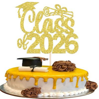 1 Pack Class of 2026 Cake Topper Glitter Congrats 2026 Graduation Cake Pick for Graduation Grad 2026 Theme Boys Girls Graduate Party Cake Decorations Supplies Gold