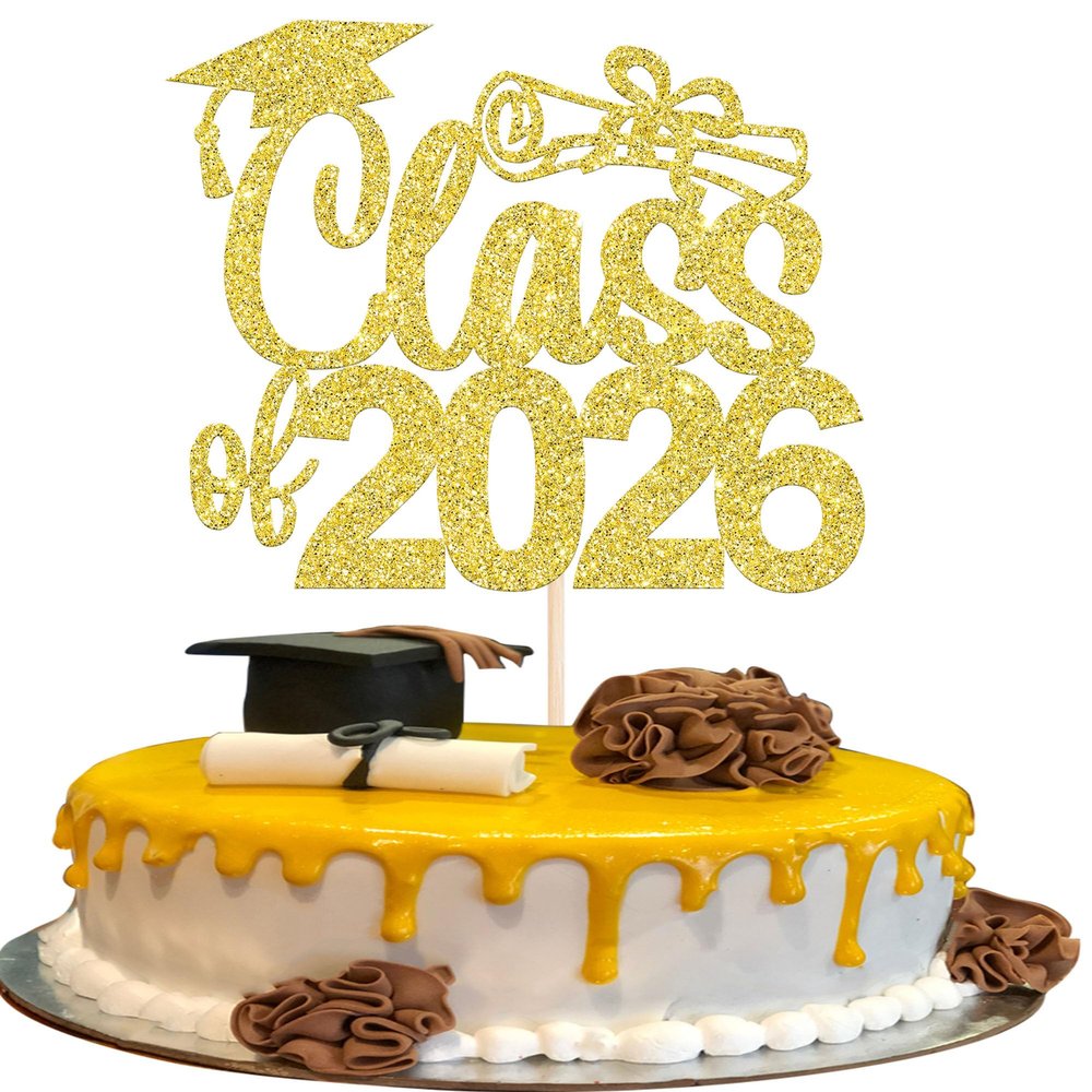 1 Pack Class of 2026 Cake Topper Glitter Congrats 2026 Graduation Cake Pick for Graduation Grad 2026 Theme Boys Girls Graduate Party Cake Decorations Supplies Gold
