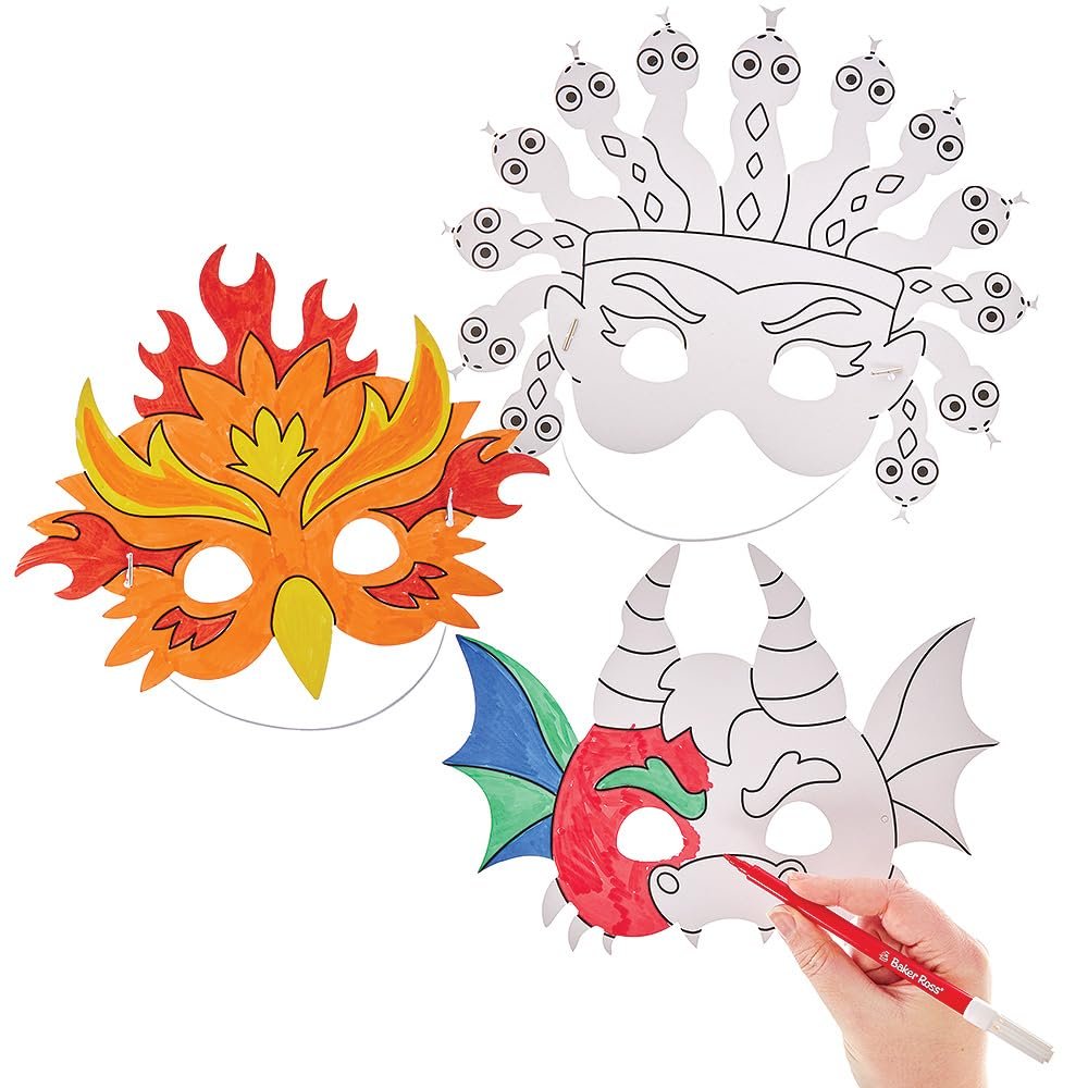 Baker Ross FN079 Mythical Creatures Colour-in Masks - Pack of 10, Fancy Dress Costume Arts and Crafts