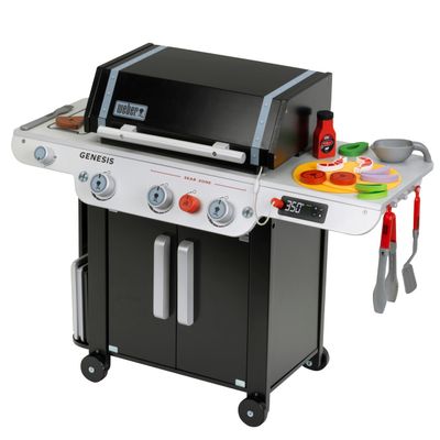 Theo Klein 9445 Weber Genesis Wooden Grill, Includes Inserts for Steak, Pizza or Vegetables, with Dummy Food and Barbecue Utensils, Toy for Children from 3 Years