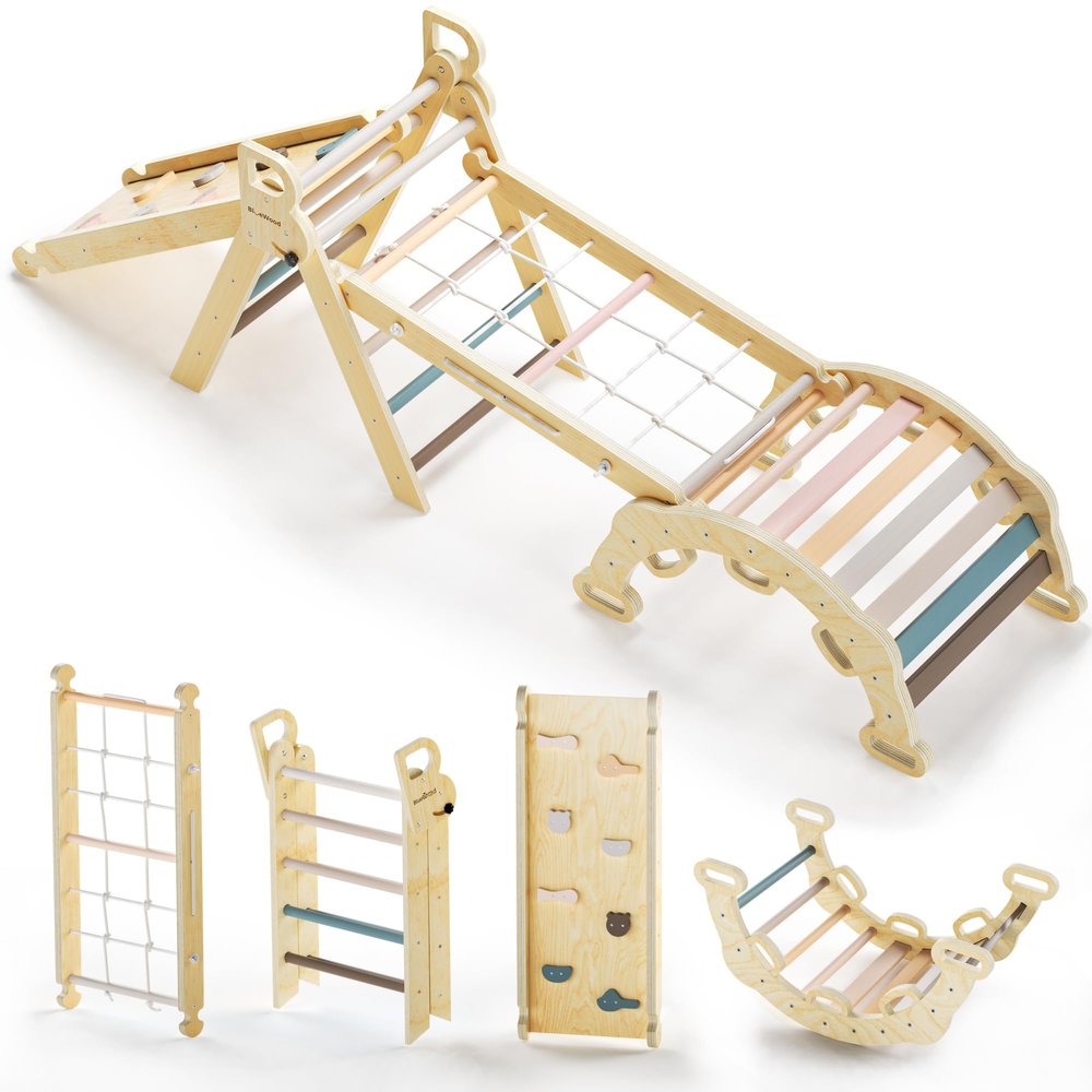 BlueWood 2025 8-in-1 Pikler Triangle Climbing Set Toddler Toys Indoor Baby Jungle Gym Climber Playground for Kids - Mauve Pink